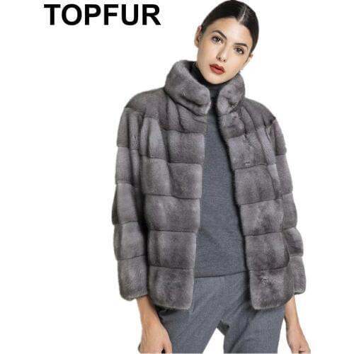 TOPFUR Women Coat Leather Jacket Winter Coat Women Real Fur Coat Gray jacket Short Plus Size Nine Quarter Sleeves Mink Fur