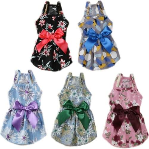 Dog Dresses for Small Medium Dogs Girl Cute Floral Print Puppy Cat Princess Dress with Lovely Bow Summer Pet Clothes Apparel