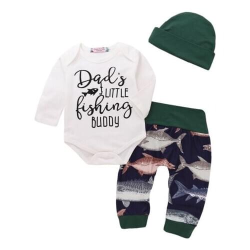 Casual Newborn Baby Boys Girl Fish Clothes Cotton Romper Pants Hat Outfit Set Size 0-24M