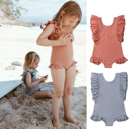 Holiday Beachwear Toddler Kids Baby Girl Clothes Solid Puff Sleeve Swimwear Swimsuit Bathing Swimming Suit