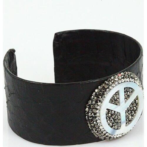 Luxury jewelry classic black leather with natural white shell peace logo pacifism sign adjustable open cuff bangles for women