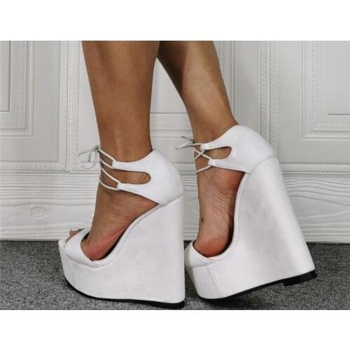 Big Size 52 Summer White Solid Color Platform Lace Up Wedge Sandal Woman Super Heels Thick Sole Cover Heel Party Casual Sandals