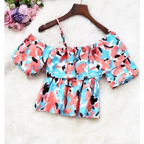 Womens Summer Sexy Ruffled One-Shoulder Skew Collar Floral Chiffon Shirt Short-Sleeved Printed Short Pullover Blouses Crop Top