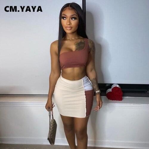 CM.YAYA Women Skirts Set Solid Sleeveless One Shoulder Skew Coallar Crop Tops Skinny Elastic Patchwork Mini Skirt 2 Piece Sets