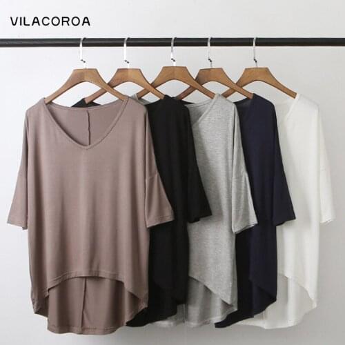 Modal Batwing Half Sleeve Women T-Shirt V-Neck Oversized Pullover Tops Casual Korean Basic Tee-Shirt Female Homewear Tees Top