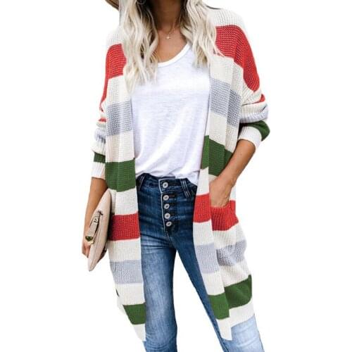 Sweaters For Womens 2020 Striped Stitching Sweater Cardigan Ladies Autumn Long Color-blocking Pocket Knitted Cardigans For Women