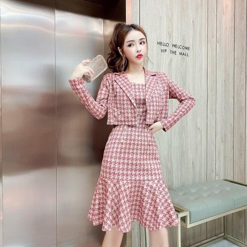 2021 New Autumn Runway Tweed 2 Piece Set Dress Designer Autumn Women Plaid Short Jacket Coat+Long sleeve crop top Suits