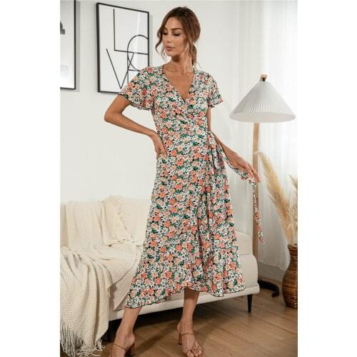 Happie Queens women floral print short sleeve beach Bohemian maxi dress Ladies v-neck ruffles Boho sundress vestidos