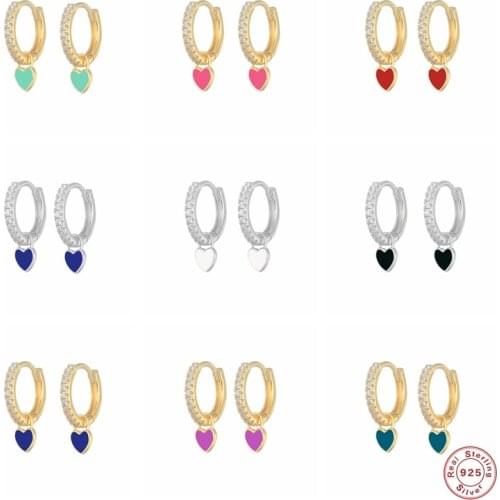 100% S925 Sterling Silver Hoop Earrings Cute Candy Color Love Heart Pendant Earring For Girls Women Rainbow CZ orecchini donna