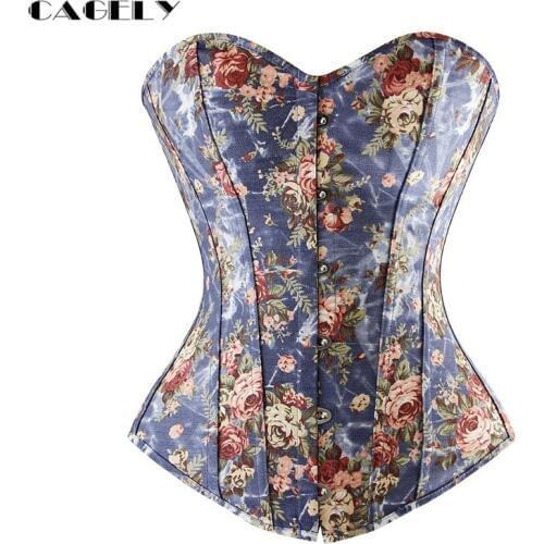 Basic Corset Top Flower Pattern Summer Cotton Corselet Outerwear Busk & Lacing Shirt Fancy Party Dress Floral Denim Basque Shape