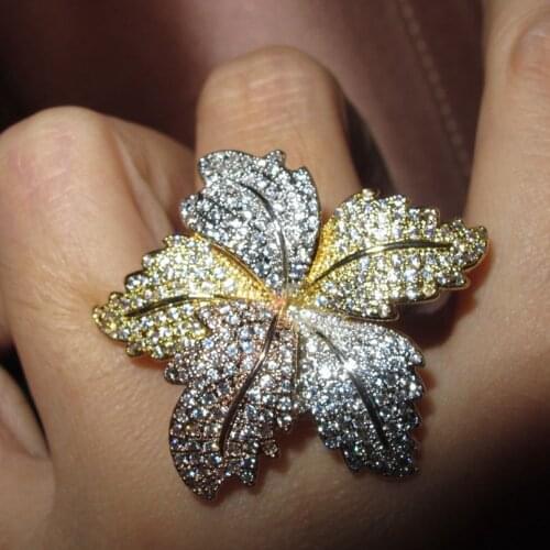 Promotion hot sale Women classic fashion cubic zircon flower leaf multi color ring designer copper party jewelry