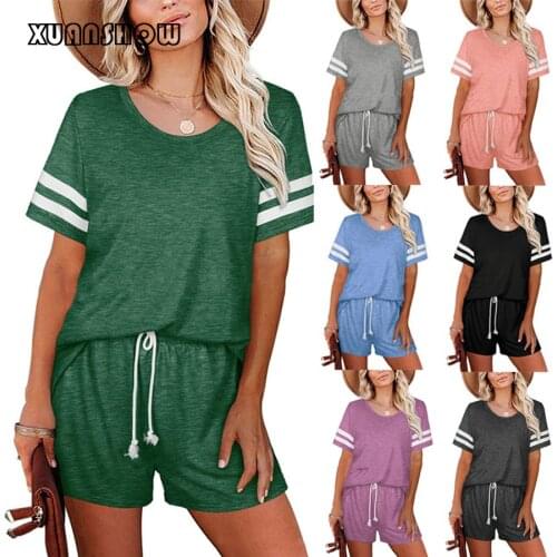 XUANSHOW Summer Style Shorts Sets Womens Tracksuit O-Neck Short-sleeved Plus Size Striped T-shirt + Shorts Suit Jogging Femme