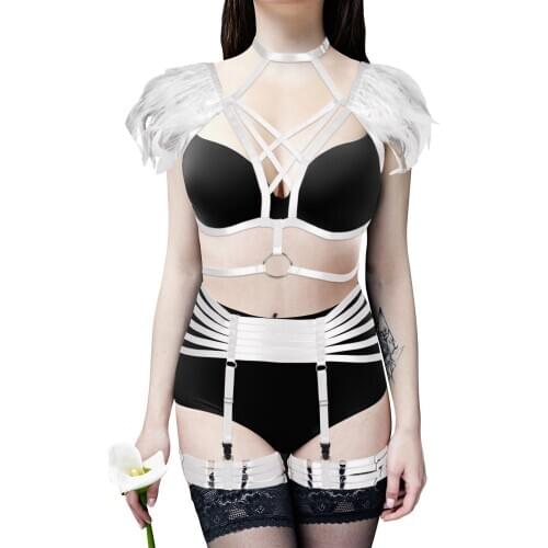 2Pcs Sexy Feather Harness Body Garter Lingerie Set Gothic Chest Bra Sword Belts Womens Crop Bdsm Bondage Suspender Costumes