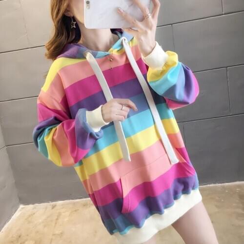 Lazy Hoodie Boyfriend Harajuku Oversized Xxl Baggy Sweatshirt Rainbow Stripe Poleron Mujer 2020 Cute Korean Clothes Pocket Women