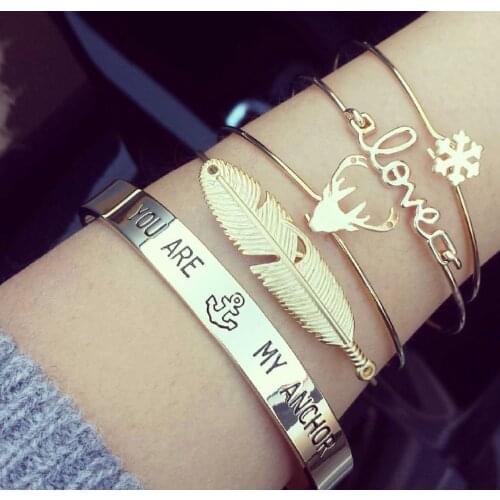 Hot 4 pcs/Set Gold Color Leaf Snowflake Love Deer Antlers Cuff Bangle Set For Women Jewelry Accessories