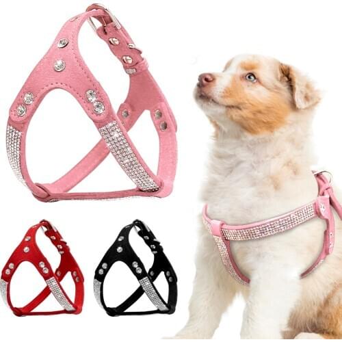 Soft Suede Leather Dog Harness Rhinestone Pet Puppy Cat Vest Harnesses For Small Medium Dogs Chihuahua Perros Mascotas Cachorro