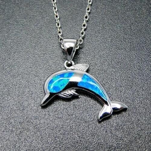 Blue Australian Fire Opal Dolphin Pendant Necklace in 925 Sterling Silver For Gift