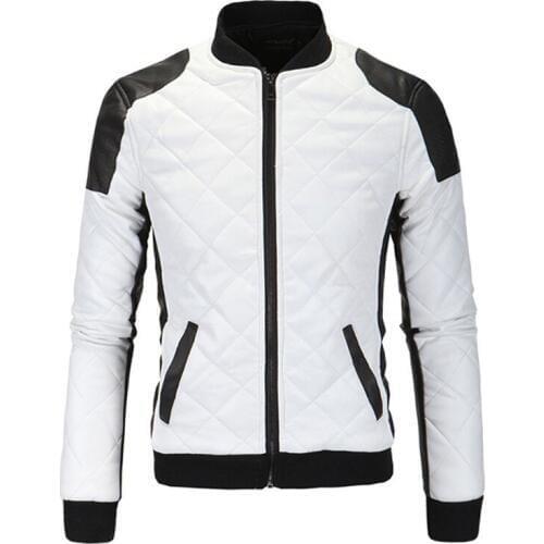 New Men Parkas Black White Patchwork PU Coat Standing Collar Zipper Regular Clothing Male Plaid Decoration Pocket Plus Size