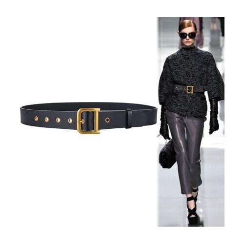 NEW Real Leather Women Letter Golden Buckle Belts Black Belt Cummerbunds Waistband for Women Dress Jeans Pants Overcoats
