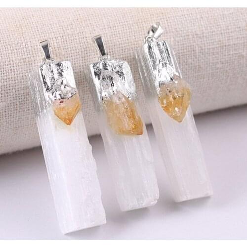 FYJS Unique 10 Pcs Silver Plated Irregular Shape Gypsum with Citrines Crystal Pendant Black Tourmaline Stone Jewelry