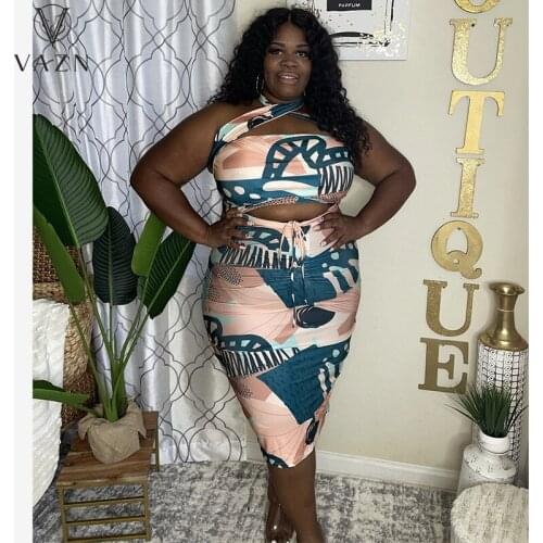 VAZN 2021 Hot Plus Size Young Sexy Club Retro Halter Off Shoulder High Waist Midi Pencil Skirts Skinny Women 2 Piece Set