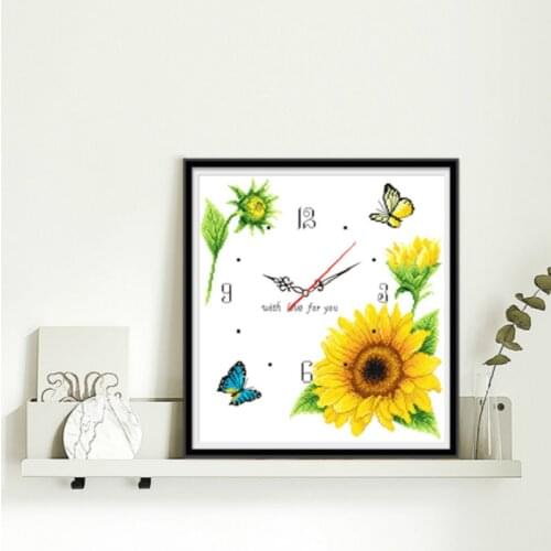 Вышивка крестиком Green plant sunflower and butterfly pattern printed canvas cross stitch wall clock send clock core