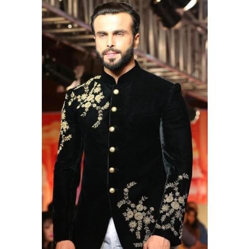 Hight Quality Black Velvet Jacket With Embroidery Lace Beads Stand Collar Suits Groom Tuxedos Groomsmen Mens Wedding Prom Suits