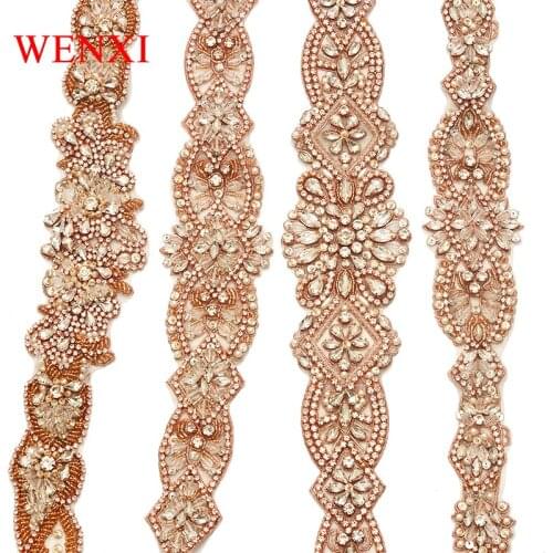 WENXI (5pcs) Wholesale Handmade Beaded Rhinestones Appliques Sew On Bridal Wedding Sashes Clear Rose Gold Rhinestones