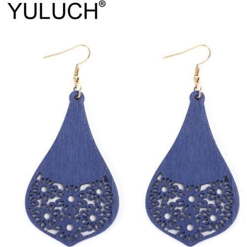 YULUCH Designer New Design Ethnic Wooden Tie Hollow Out Flower Pendant for African Personality Woman Earrings Jewelry Gifts