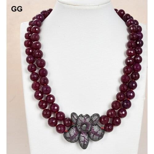 GuaiGuai Jewelry 21'' 2 Strands Natural Fuchsia Round Faceted Agates Necklace Red Cz Flower Pendant