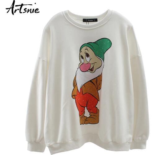 Artsnie cartoon print women sweatshirt winter 2019 o neck long sleeve oversized hoodies white casual knitted sweatshirts female