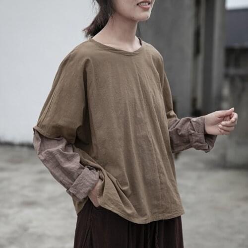 FairyNatural Ladies Patchwork Color Loose T-Shirts O-Neck Long Sleeve 2021 Spring Retro Cotton Linen T Shirts Khaki