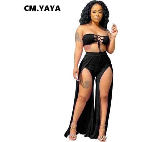 CM.YAYA Women Set Sleeveless Strapless Bandage Crop Tops Splited Long Pants Two Piece Set Sexy Fashion Outfit Summer 2021