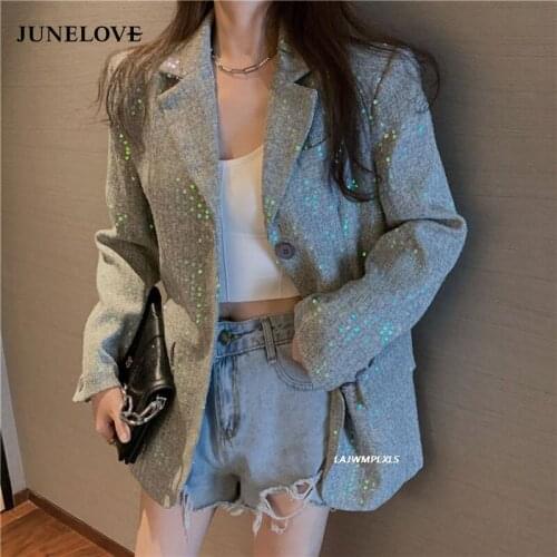 JuneLove Spring Autumn Korean Blazer Women New Loose Suit Sequined Single Breasted Small Blazer Coats Women Fashion Streetwear
