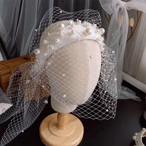 New White Headband Veil Mesh Pearls Prom Headdress Veil Tulle Simple Wedding Jewelry Accessories for Women 2021