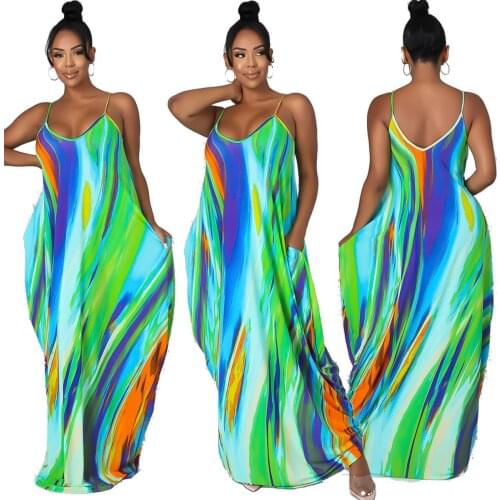 2021 Ins Internet Celebrity Famous Women Dress Sling Sleeveless Pocket Tie Dye