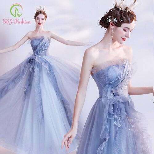 SSYFashion Grey Blue Evening Dress Sexy Strapless Sleeveless A-line Floor-length Appliques Prom Formal Gowns for Women Vestidos