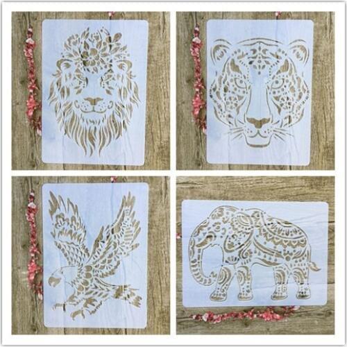 4pcs / set A4 Tiger lion eagle elephant Stencils Painting Coloring Embossing Scrapbook Album Decorative Template for walls