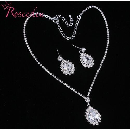 Noble Bridal Wedding Jewelry Set Shining Big Water Drop Rhinestone Necklace And Earrings Sets Anniversary Gift RE802