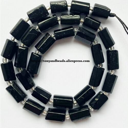 7'' Natural Faceted Black Tourmaline Cylinder Spacer Stone Beads For Jewelry DIY Making
