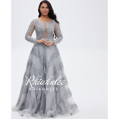 Dubai Grey Long Sleeves Crystal Beaded Sequin Evening Dresses A-Line Floor Length Formal Gowns