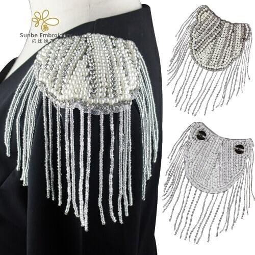 Beaded Crystal Suit Shoulder Pearls Beading Tassel Epaulet Epaulette Patches with Pin back 2 pieces