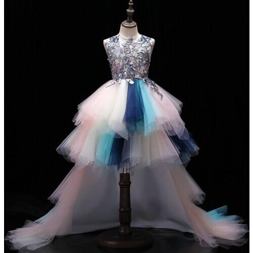 Purple Tulle Girls Dresses High Low Puffles Lovely Girl Flowers Evening Dress Birthday Dress ET0415