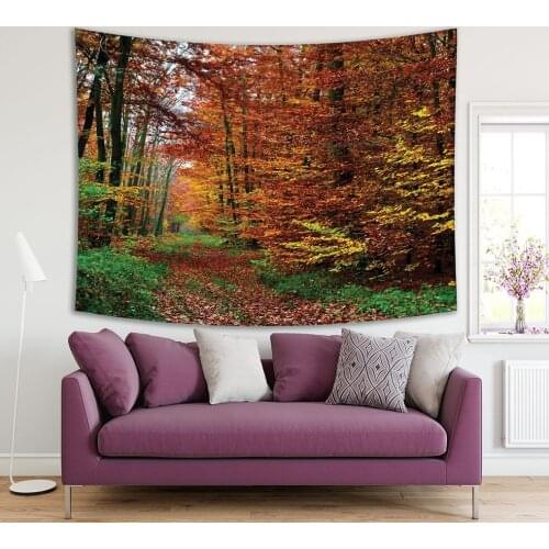 Tapestry Pathway through Mountain Forest Trees Colorful Autumn Morning Orange Green Outdoor Nature View Print