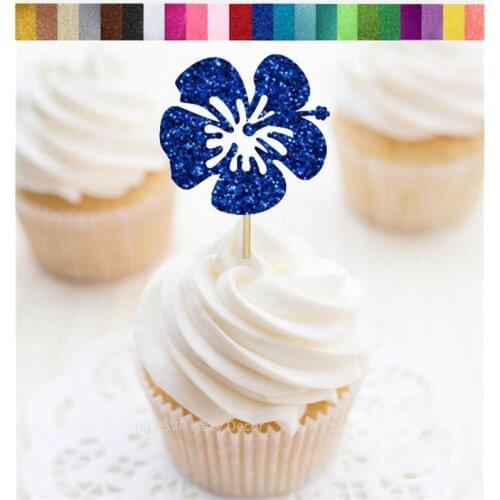 Custom Hibiscus Flower glitter Cupcake Toppers,Tropical Flower Party Decorations, Hawaiian Theme Party Decor, Birthday Decor