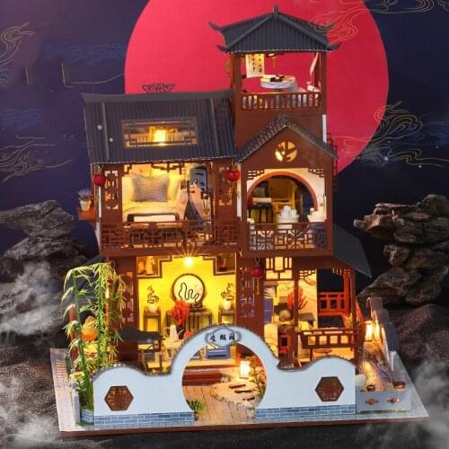 Chinese Building DIY Wooden Dollhouse Kits Miniature with Accessories Big Villa Doll House Casa Assembled Toys for Adults Gifts