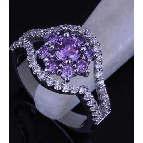Love Monologue Charm Purple Crystal Cubic Zirconia Flower Silver Color Rings for Women Size 7 / 8 / 9 J0295 Free Jewelry Bag