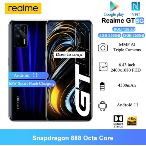 Realme GT Mobile Phones Snapdragon 888 120Hz 6.43'' Super AMOLED Screen 16MP Front Cam 4500mAh 65W Super Charge NFC Cellphone