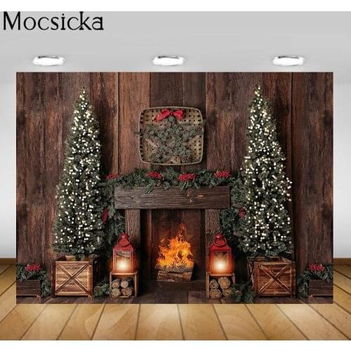 Mocsicka Wooden Photography Backdrop Newborn Baby Portrait Photo Background Christmas Decoration for Photo Studio Pine Tree Fire