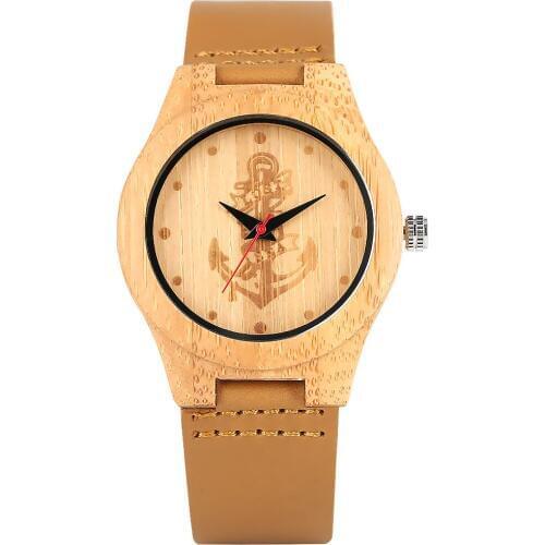 Mens Premium Handmade Bamboo Watch Durable Lightweight Quartz Analog Bamboo Watch Special Ships anchor Pattern Dial Wristwatch